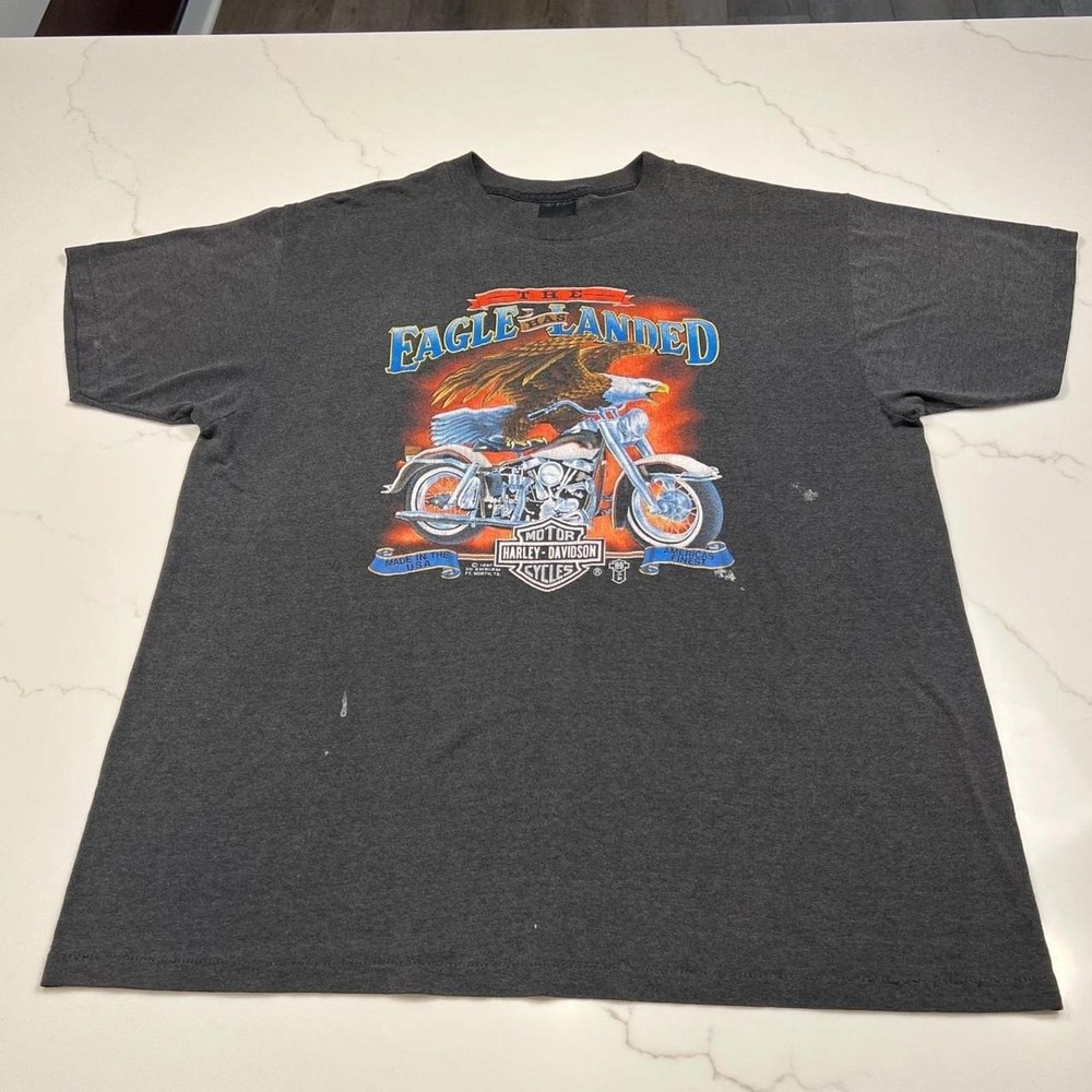 Harley Davidson T-Shirt Mens Large Vintage 1987 3D Emblem Eagle Has Landed Grey